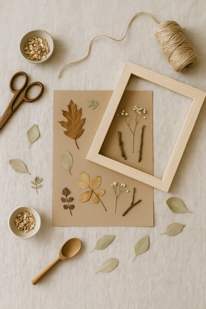 Nature collage made with dried leaves, twigs, and flowers on kraft paper in a wooden frame.