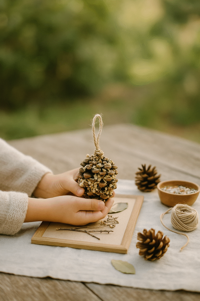 Child’s small hands holding a pinecone bird feeder tied with twine on a wooden table outdoors, with birdseed, pinecones, and natural light in warm neutral tones.