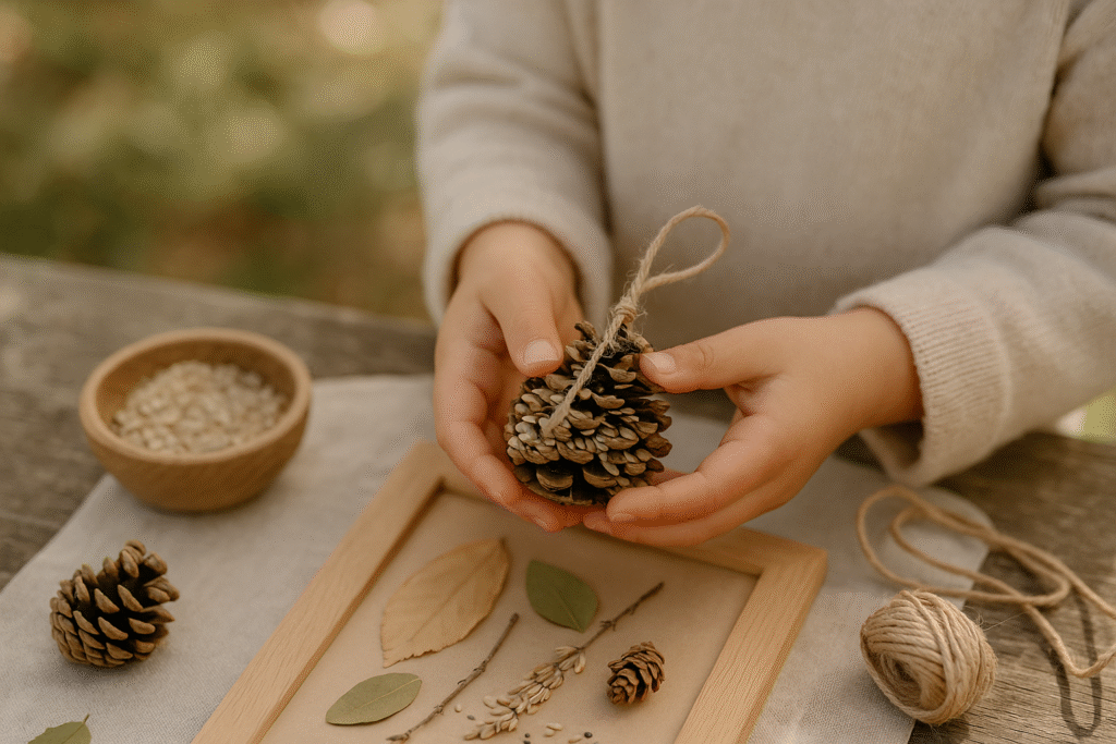 Child’s small hands holding a pinecone bird feeder tied with twine on a wooden table outdoors, with birdseed, pinecones, and natural light in warm neutral tones.