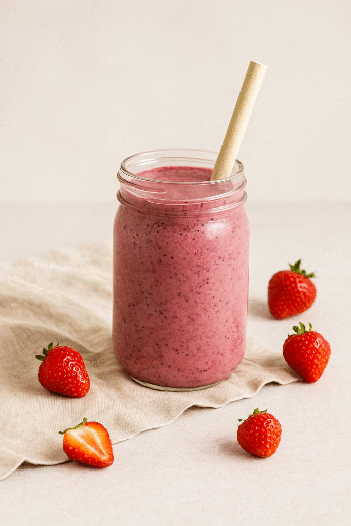 Vibrant berry smoothie in a simple glass with a linen napkin and wooden spoon on a neutral counter.