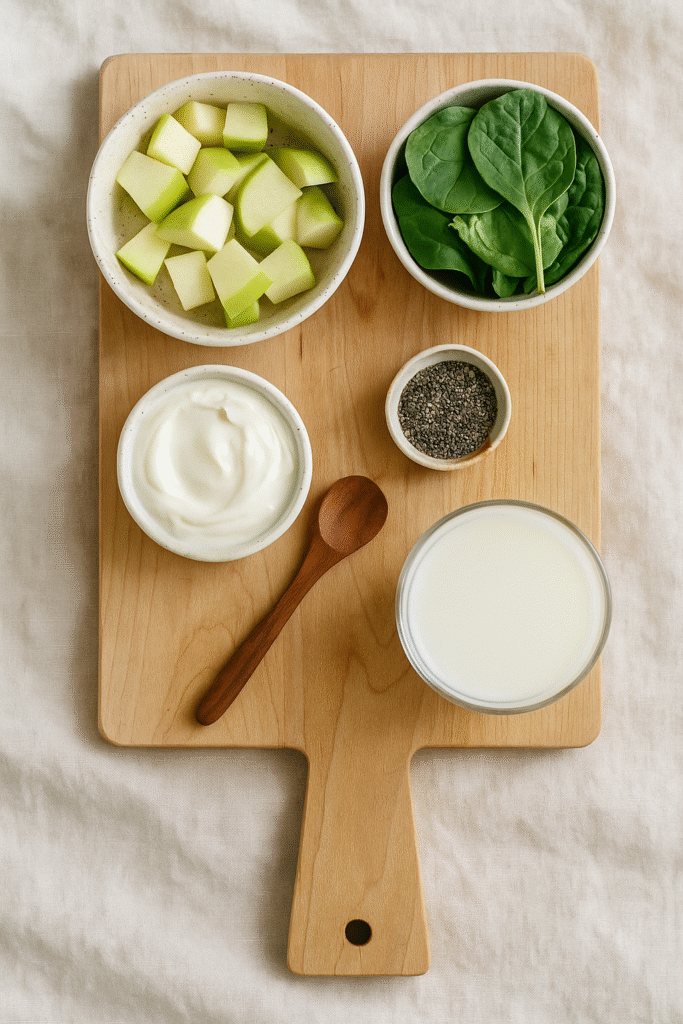 Flat lay of smoothie ingredients arranged neatly in ceramic bowls with wooden spoon and linen cloth.