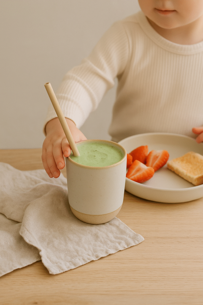 Toddler’s small hand reaching for a smoothie on a wooden table with soft natural light and cozy textures.