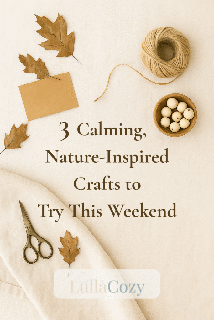 A bright, neutral flat lay of natural crafting materials including dried leaves, twine, kraft paper, wooden beads, and scissors on a linen background. Styled in warm oat and cream tones for a calm, cozy, nature-inspired aesthetic by LullaCozy.