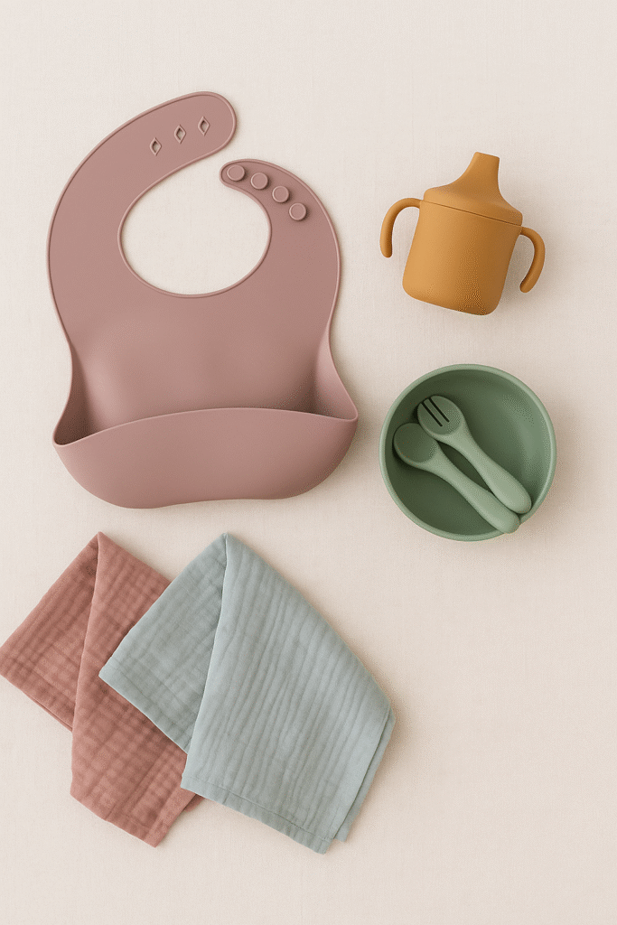 Flat lay of silicone baby essentials including bib, utensils, and sippy cup with muslin blankets in earthy green, dusty pink, and muted blue tones on a light background β cozy and minimalist aesthetic by LullaCozy.