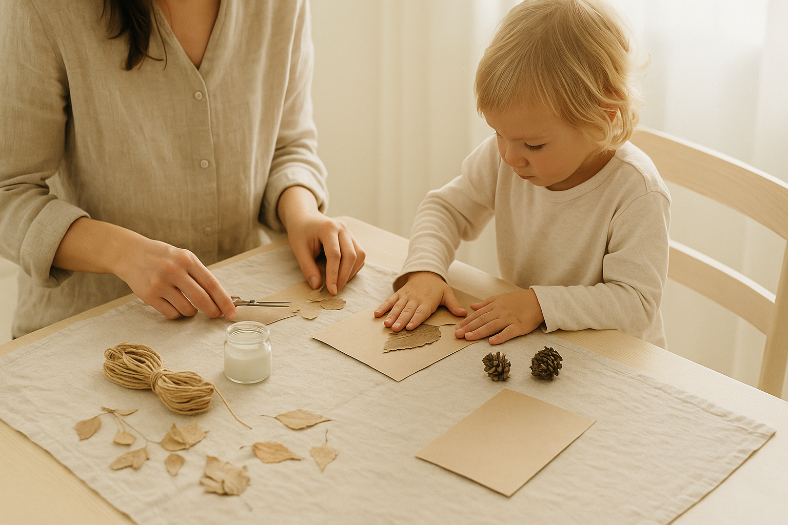 A softly sunlit scene of a parent and child crafting together at a wooden table using dried leaves, twine, and natural materials. A calm, neutral-toned family moment that captures slow living and mindful creativity.