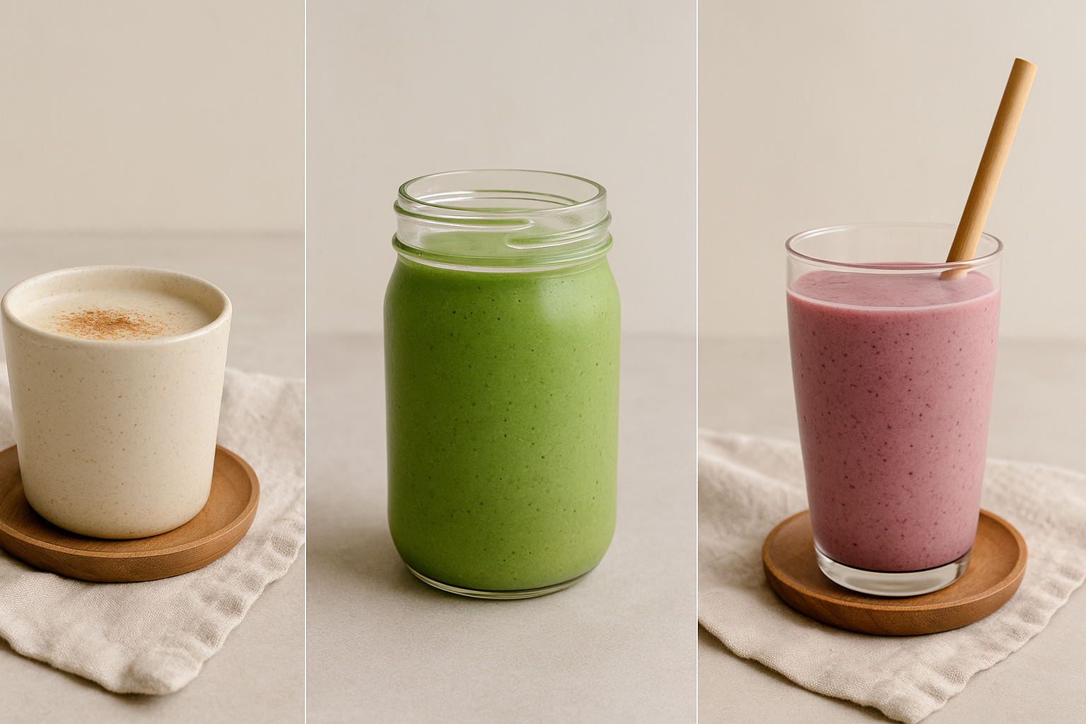 Three smoothies in soft natural light — banana oat, green spinach, and berry — each served in simple neutral cups on a wooden tray with a linen cloth, styled in LullaCozy’s calm, cozy aesthetic.